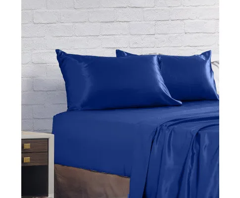 Royal Comfort Satin Sheet Set 4 Piece Fitted Flat Sheet Pillowcases - Navy Blue