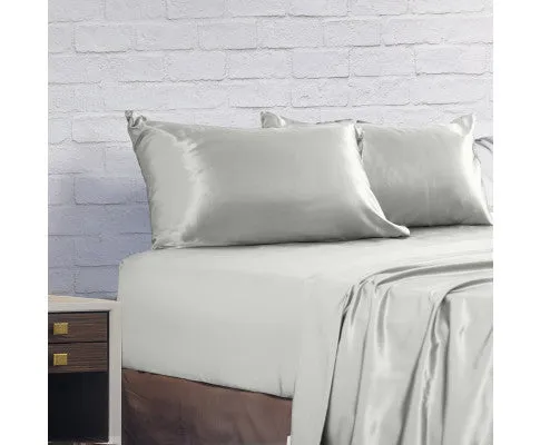 Royal Comfort Satin Sheet Set 4 Piece Fitted Flat Sheet Pillowcases - Silver