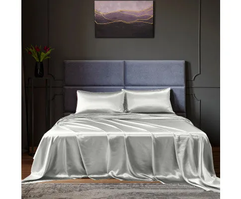 Royal Comfort Satin Sheet Set 4 Piece Fitted Flat Sheet Pillowcases - Silver