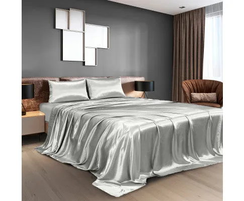 Royal Comfort Satin Sheet Set 4 Piece Fitted Flat Sheet Pillowcases - Silver