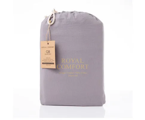 Royal Comfort Vintage Washed 100% Cotton Sheet Set Fitted Flat Sheet Pillowcases - GREY