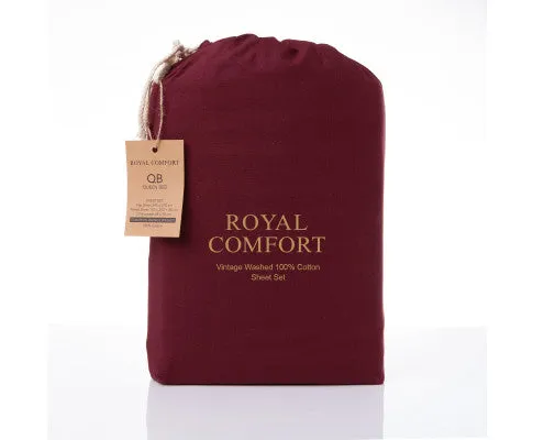 Royal Comfort Vintage Washed 100% Cotton Sheet Set Fitted Flat Sheet Pillowcases - MULLED WINE