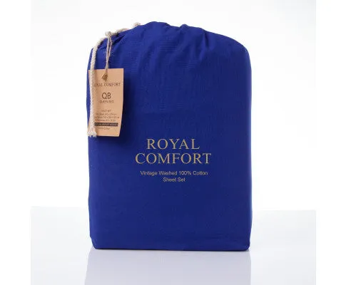 Royal Comfort Vintage Washed 100% Cotton Sheet Set Fitted Flat Sheet Pillowcases - ROYAL BLUE