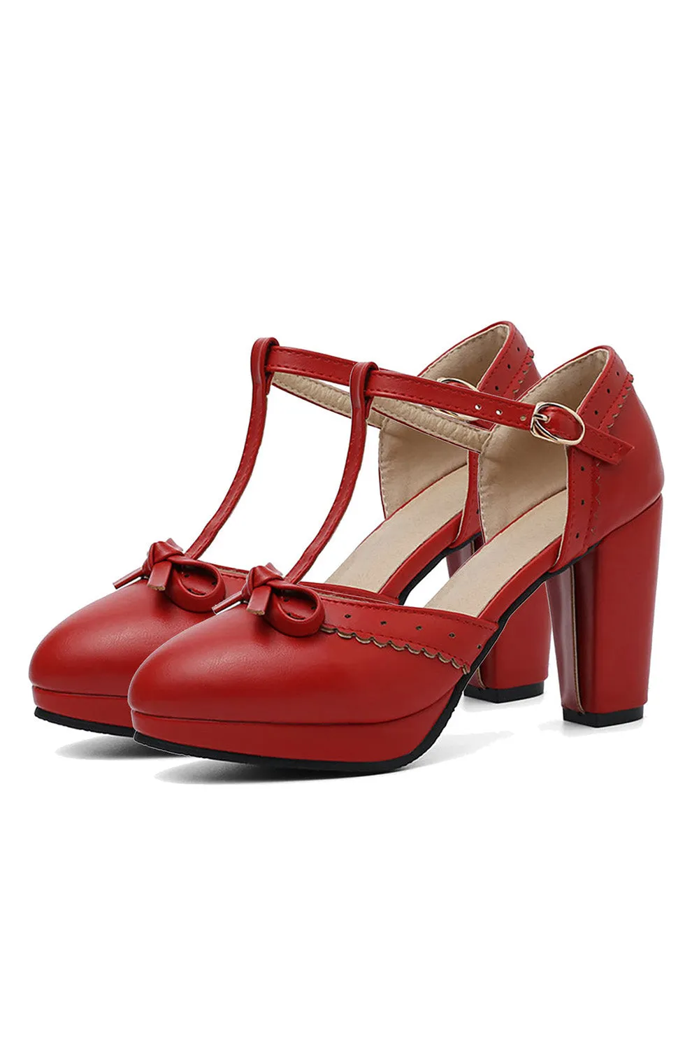 Roycebridal Retro Bow T-Strap High Heels Shoes