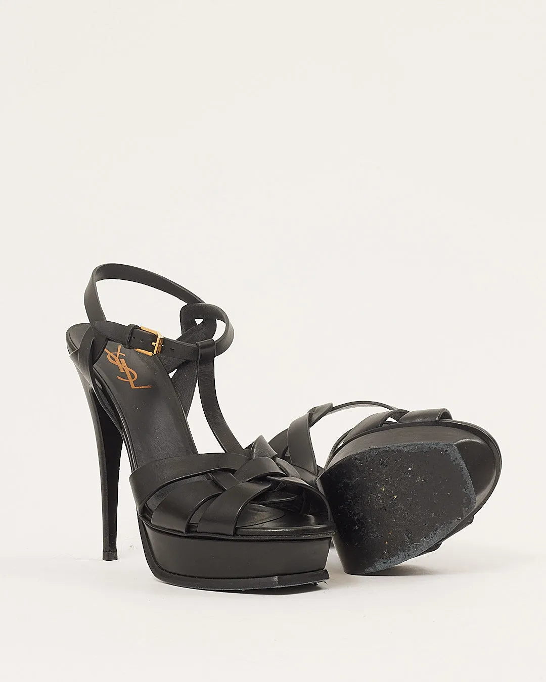 Saint Laurent Black Leather Tribute Heel Sandals - 40