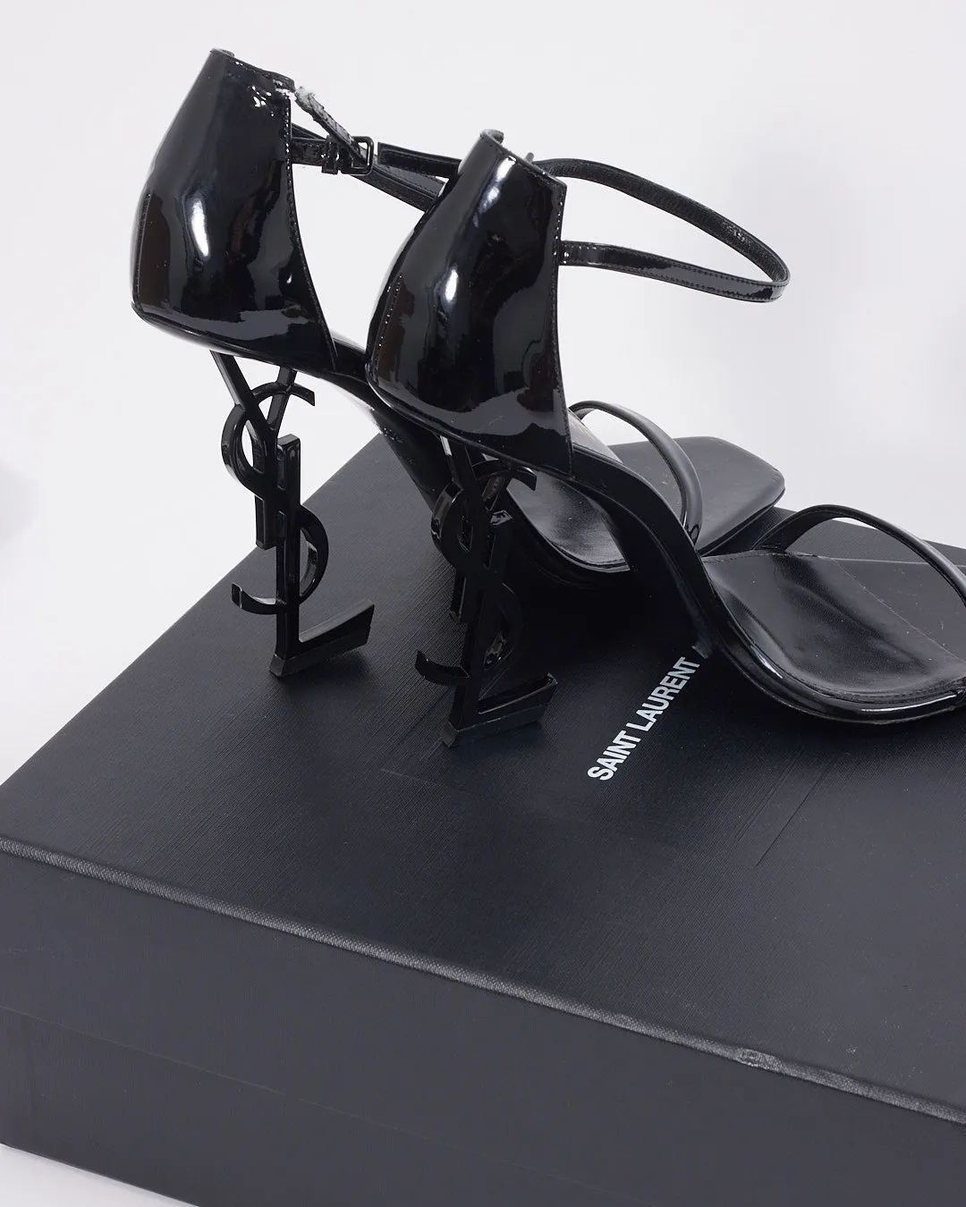 Saint Laurent Black Patent Leather YSL Opyum Sandals - 39.5