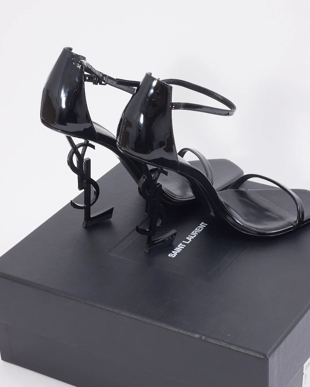 Saint Laurent Black Patent Leather YSL Opyum Sandals - 39.5