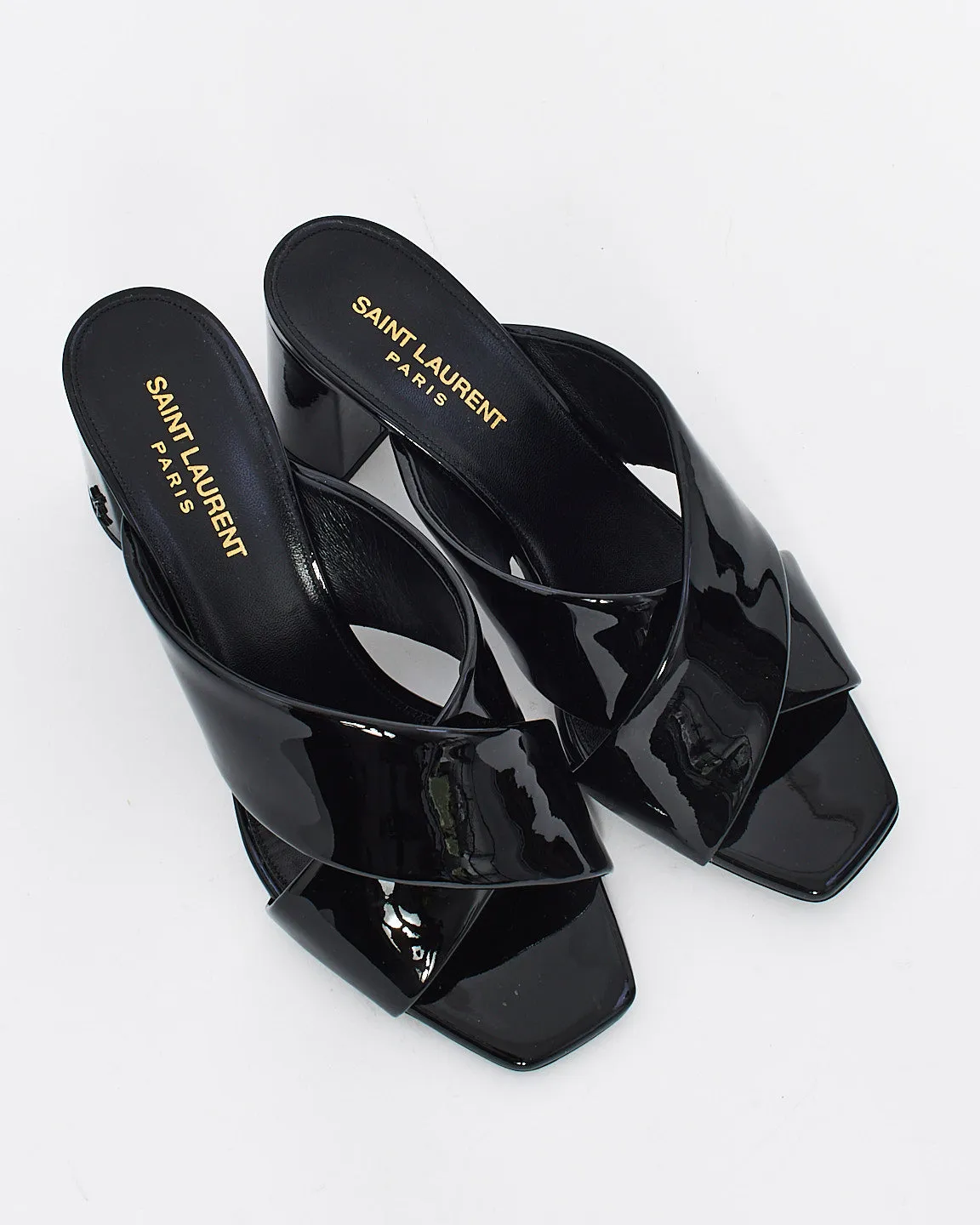 Saint Laurent Black Patent Loulou Leather Mule Heeled Sandals - 38.5
