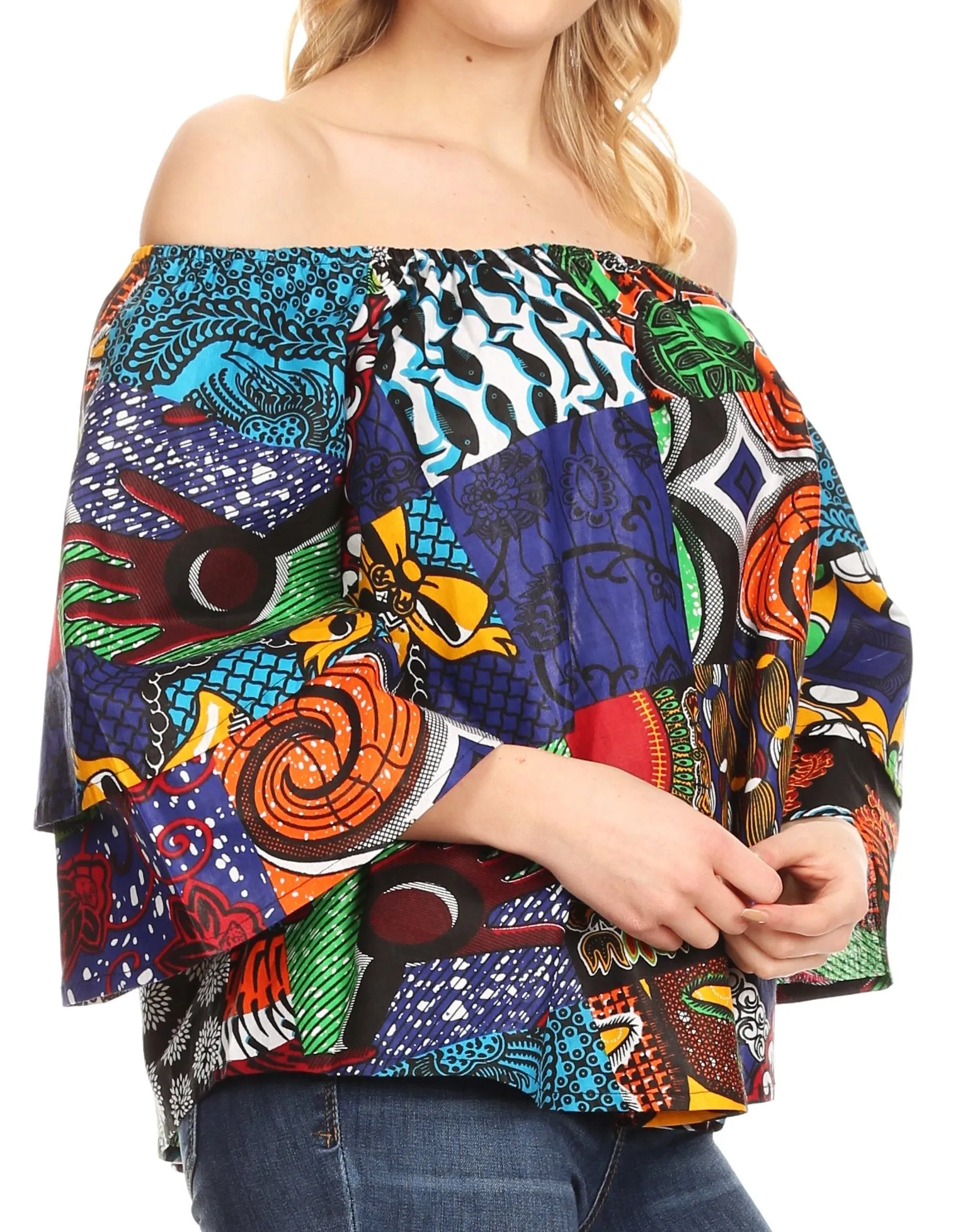 Sakkas Abree Off-shoulder Short Sleeve  Blouse Top Ankara Wax Dutch African Print