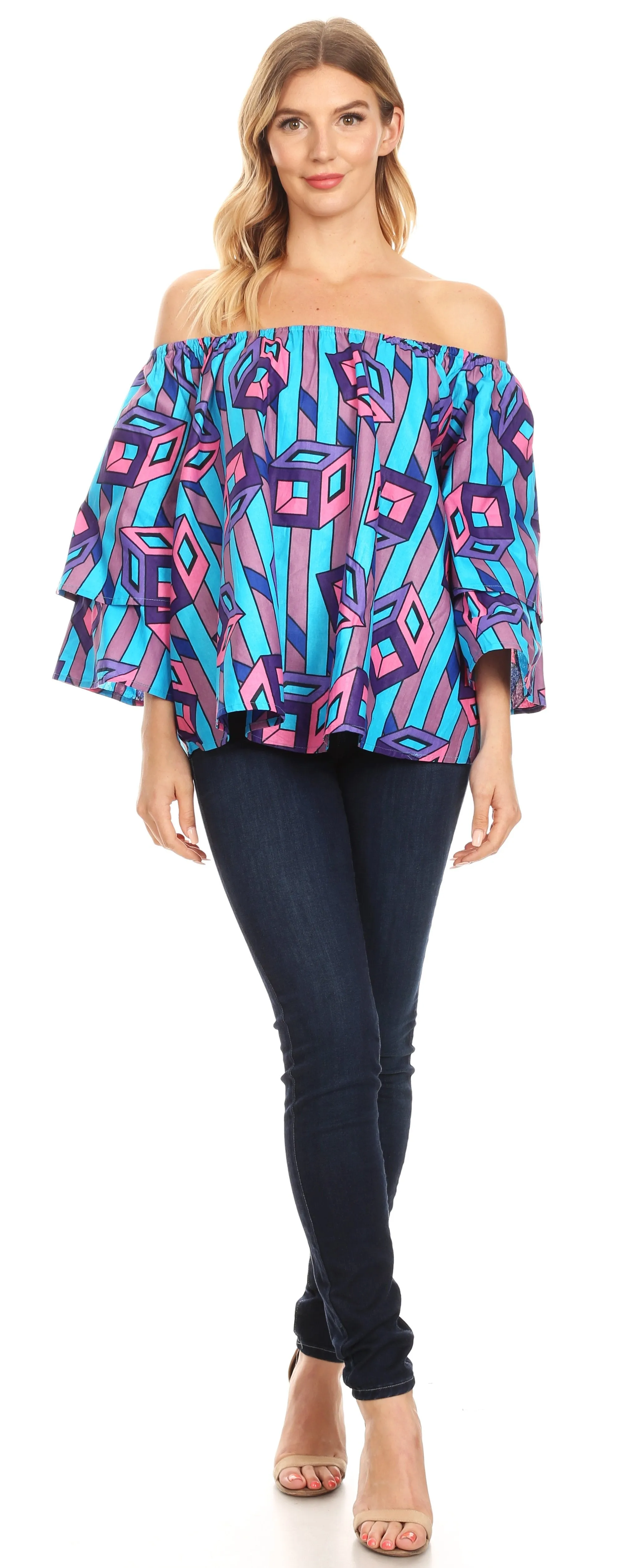 Sakkas Abree Off-shoulder Short Sleeve  Blouse Top Ankara Wax Dutch African Print