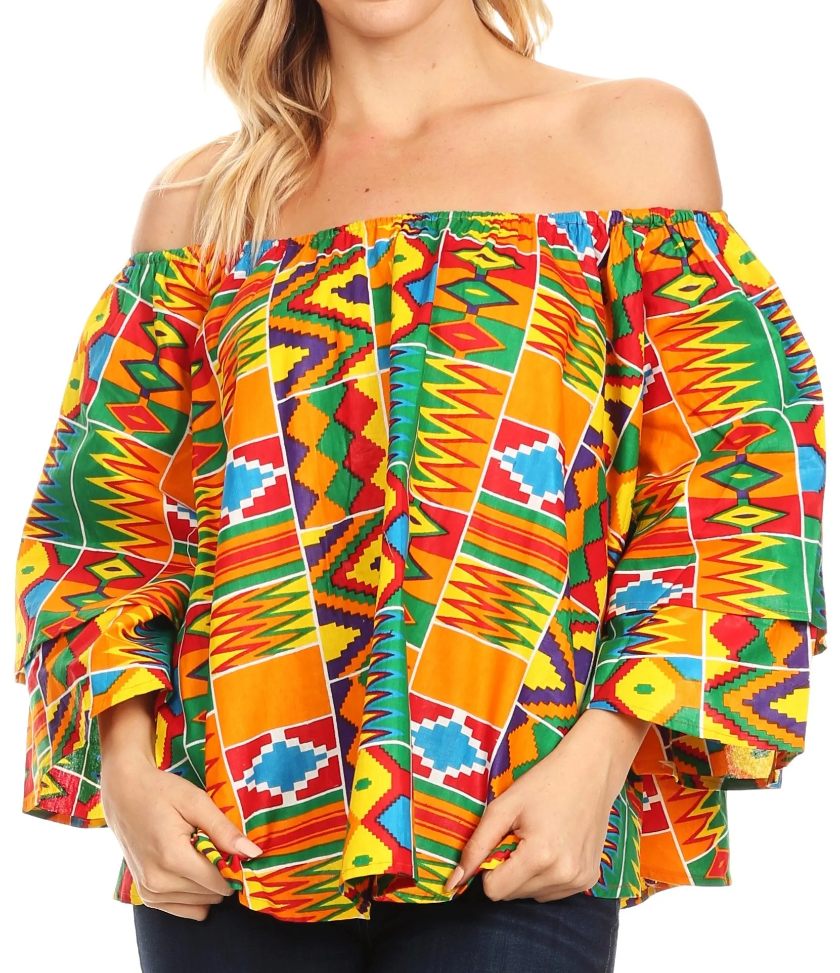 Sakkas Abree Off-shoulder Short Sleeve  Blouse Top Ankara Wax Dutch African Print