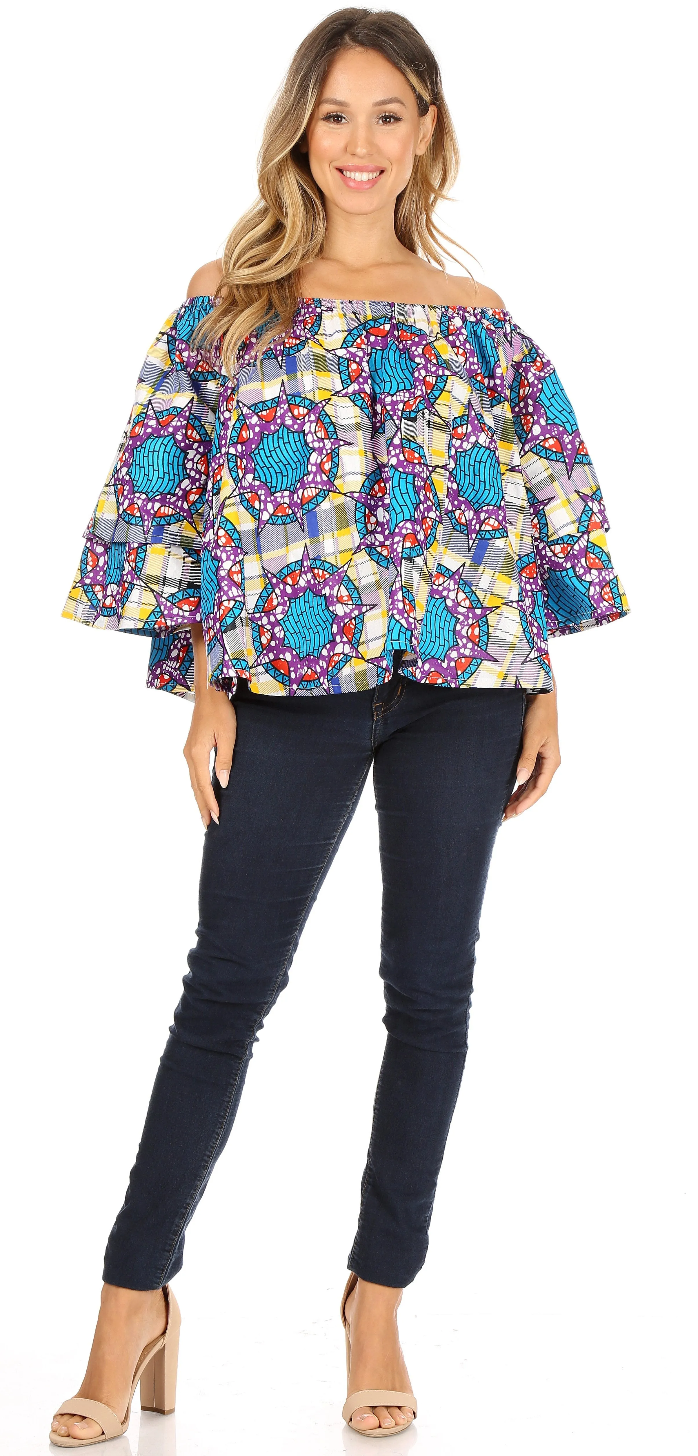Sakkas Abree Off-shoulder Short Sleeve  Blouse Top Ankara Wax Dutch African Print
