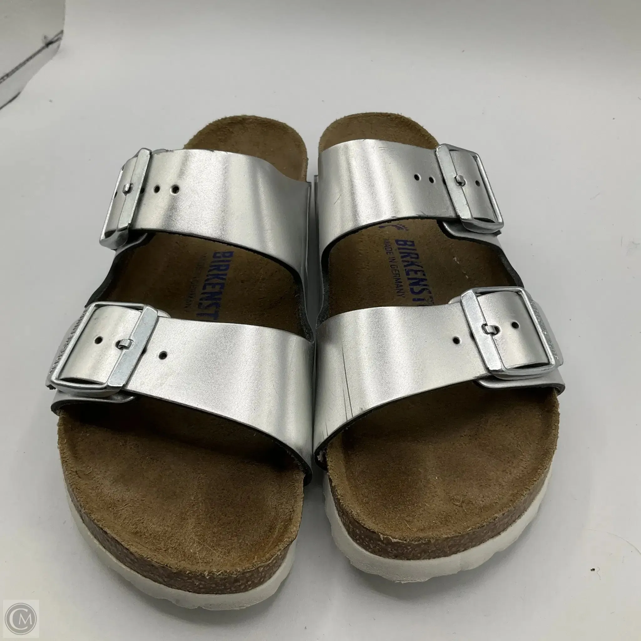Sandals Flats By Birkenstock In Silver, Size: 6.5