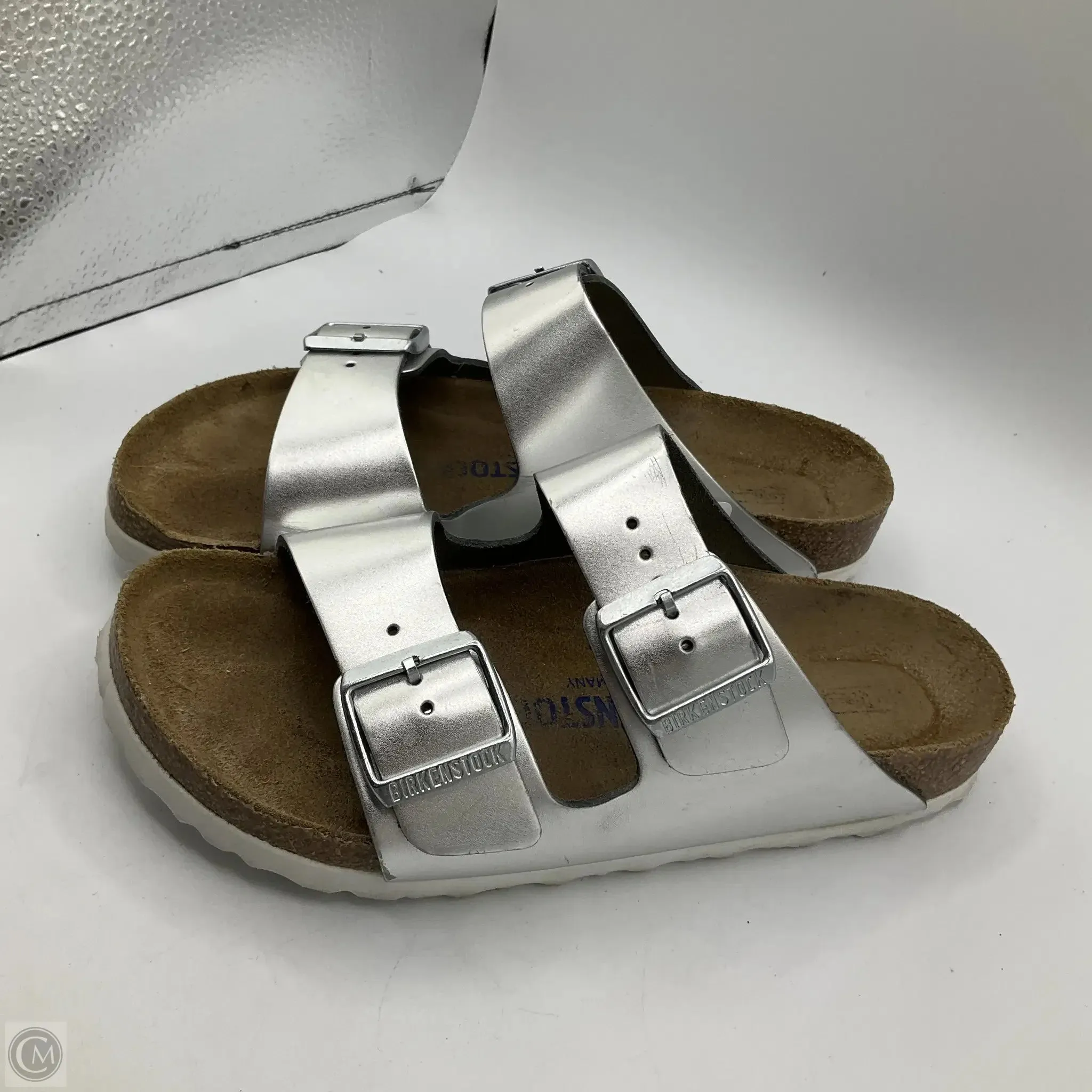 Sandals Flats By Birkenstock In Silver, Size: 6.5