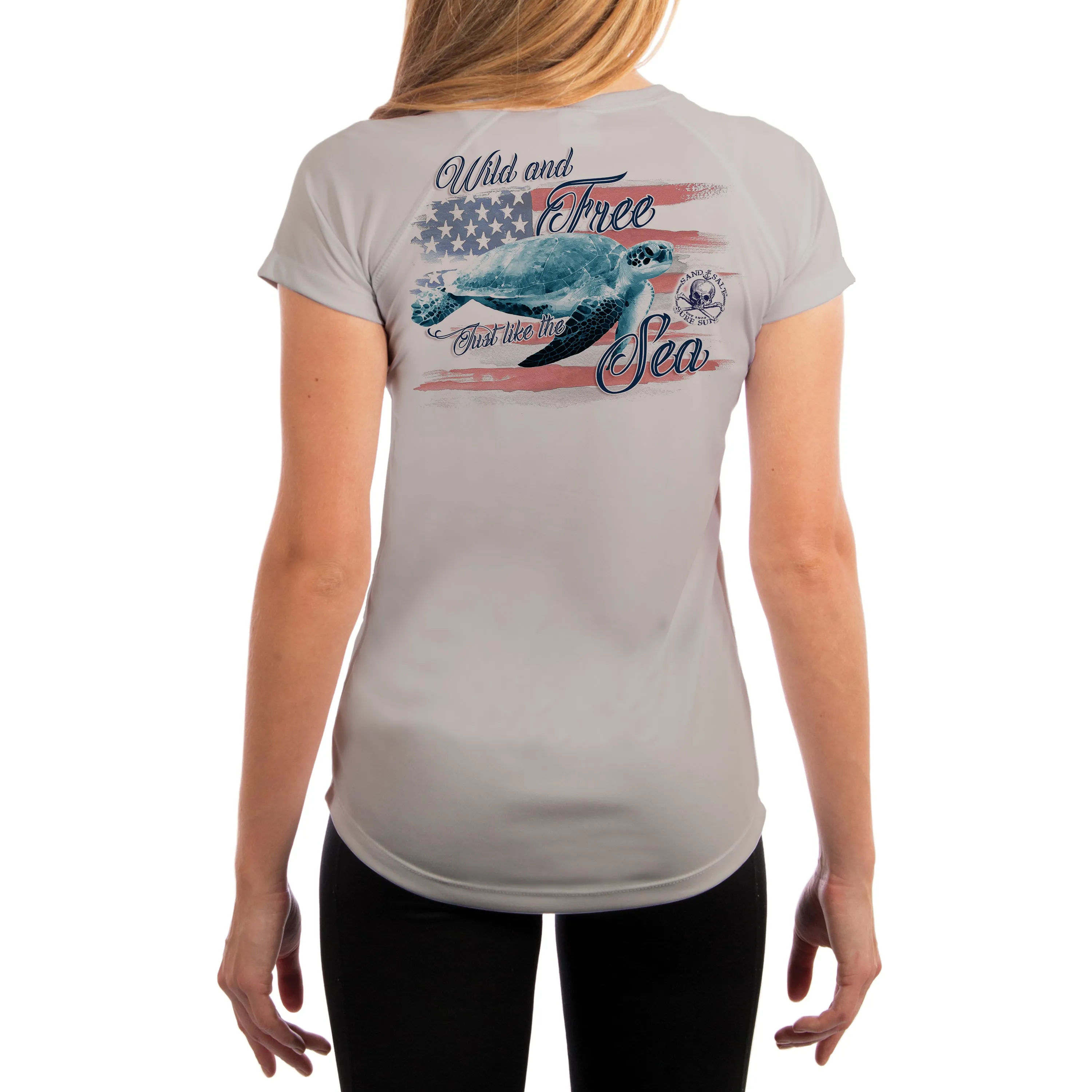 SAND.SALT.SURF.SUN. Flag Turtle Women's UPF 50  UV Sun Protection Performance Short Sleeve T-Shirt
