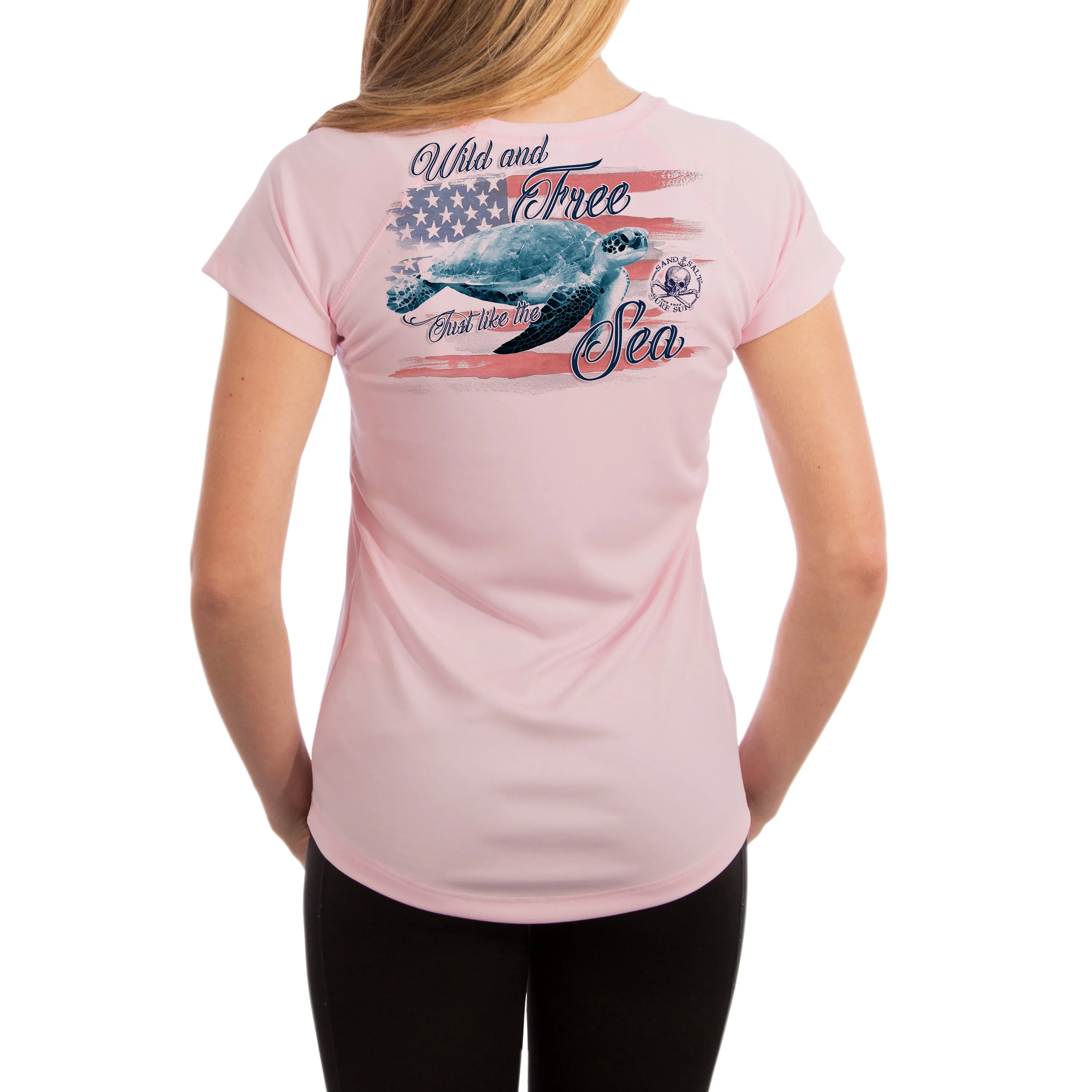 SAND.SALT.SURF.SUN. Flag Turtle Women's UPF 50  UV Sun Protection Performance Short Sleeve T-Shirt