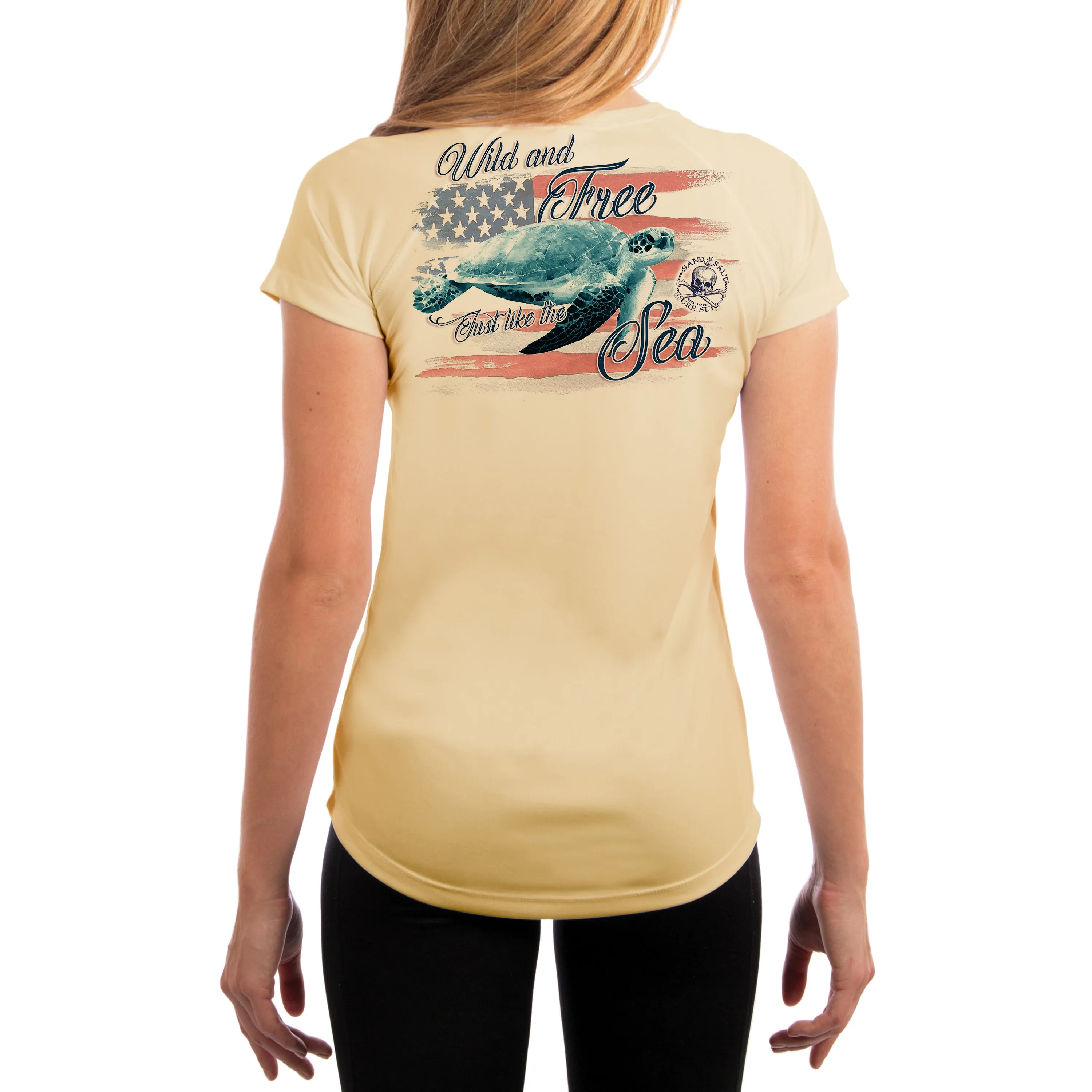 SAND.SALT.SURF.SUN. Flag Turtle Women's UPF 50  UV Sun Protection Performance Short Sleeve T-Shirt