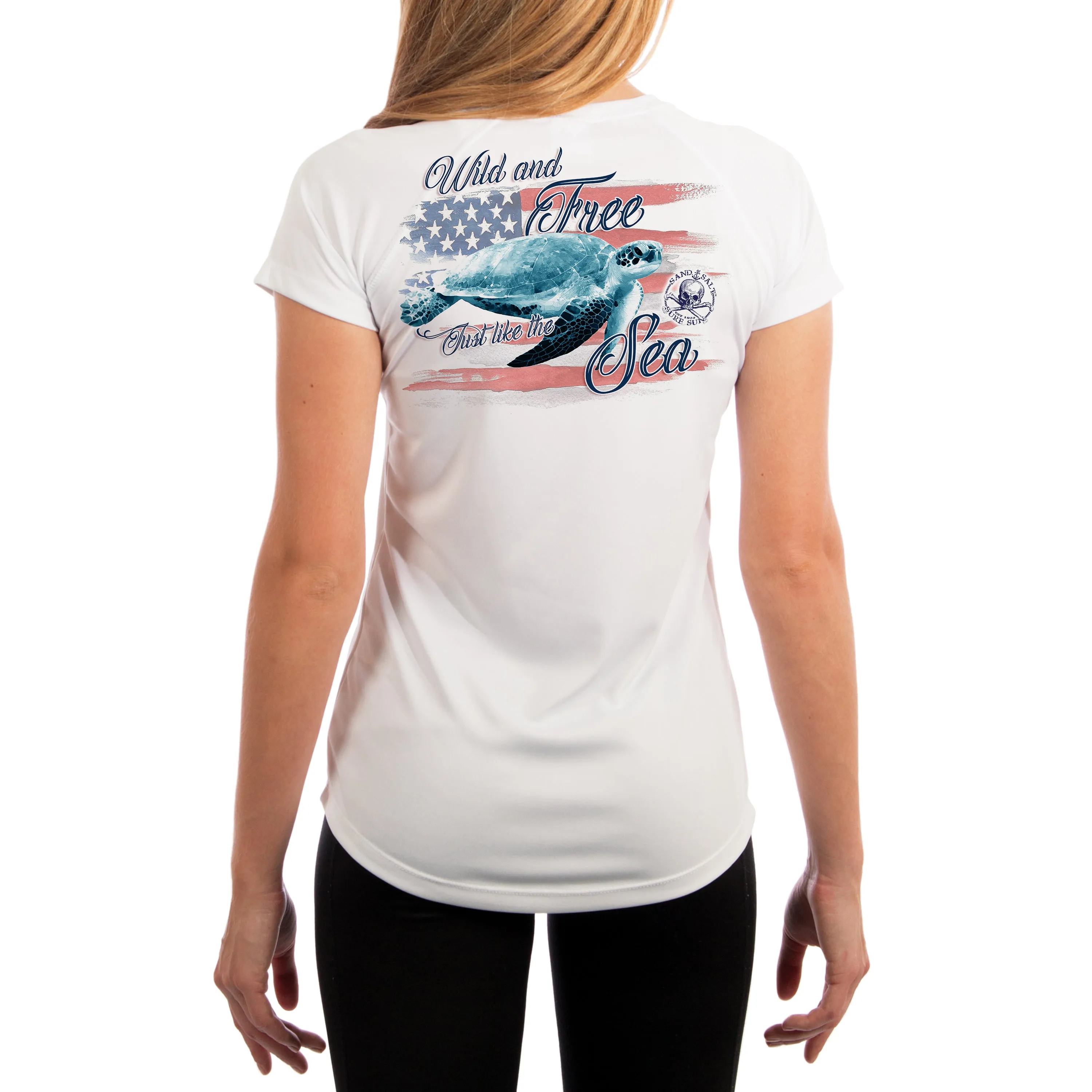 SAND.SALT.SURF.SUN. Flag Turtle Women's UPF 50  UV Sun Protection Performance Short Sleeve T-Shirt