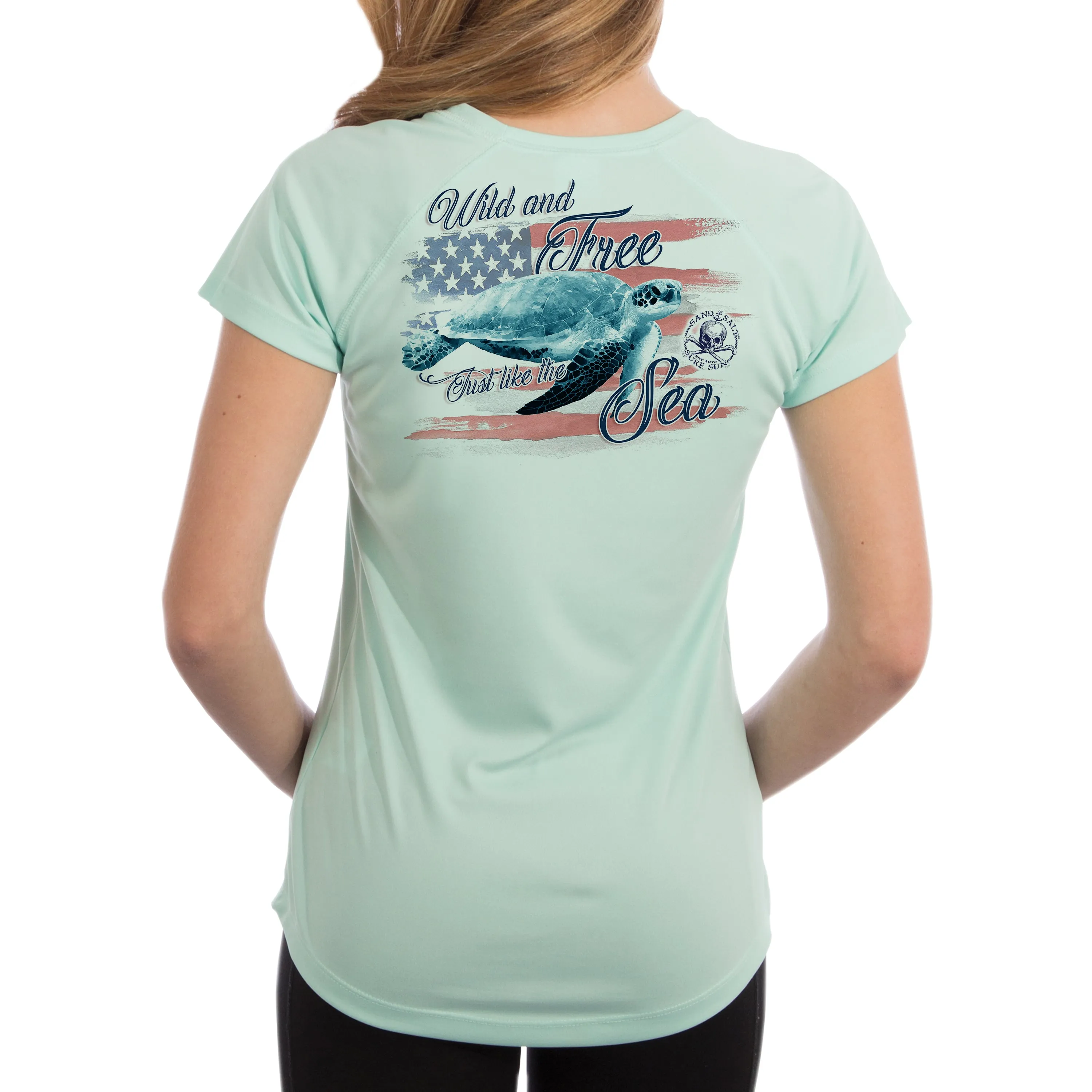 SAND.SALT.SURF.SUN. Flag Turtle Women's UPF 50  UV Sun Protection Performance Short Sleeve T-Shirt
