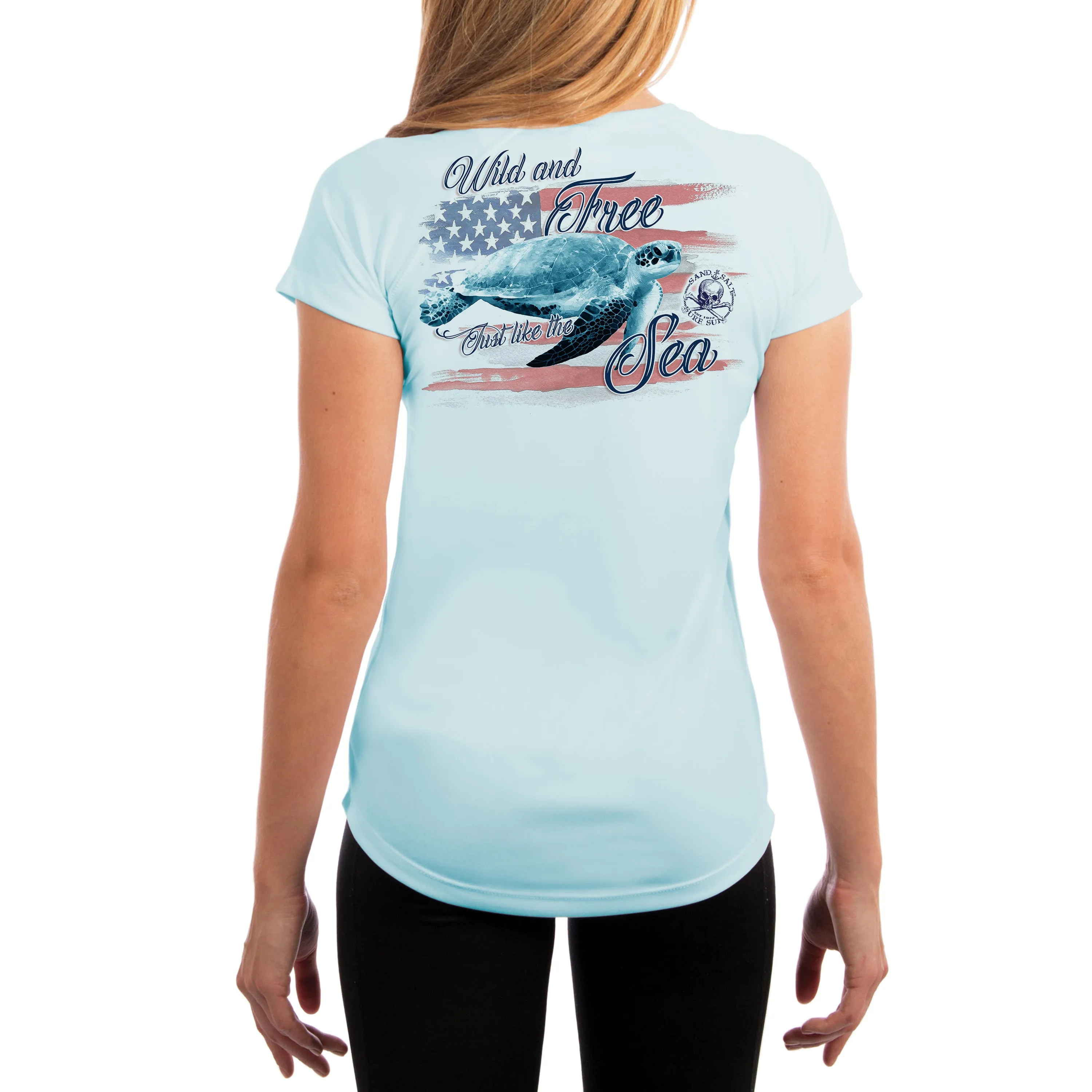 SAND.SALT.SURF.SUN. Flag Turtle Women's UPF 50  UV Sun Protection Performance Short Sleeve T-Shirt