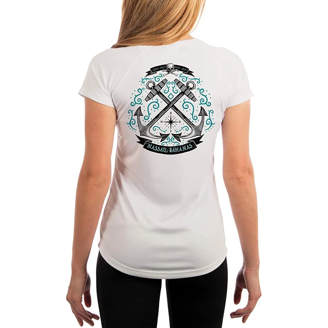SAND.SALT.SURF.SUN. Sailing Anchor Blue Nassau Women's UPF 50  UV Sun Protection Performance Short Sleeve T-Shirt