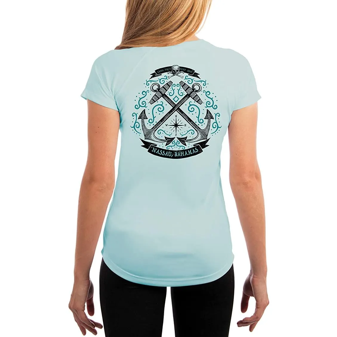 SAND.SALT.SURF.SUN. Sailing Anchor Blue Nassau Women's UPF 50  UV Sun Protection Performance Short Sleeve T-Shirt