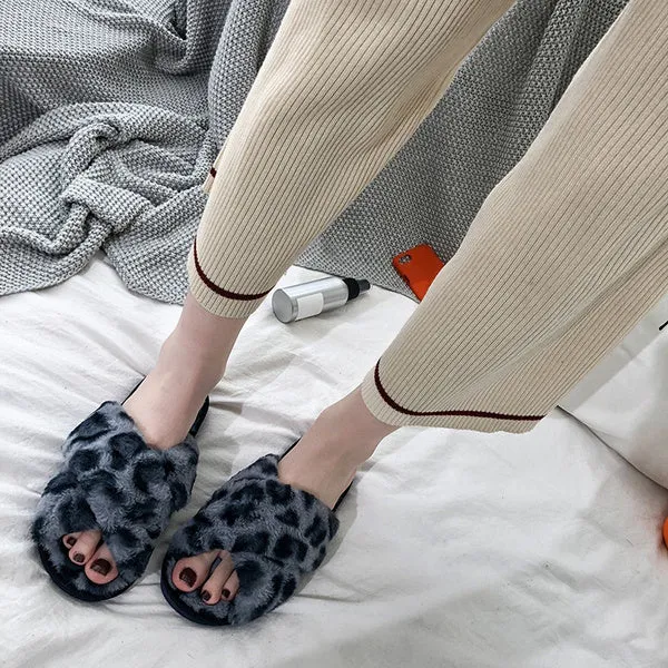 Sexy Flat Leopard Cross Strap Fluffy Soft Slippers Sandals Party Indoor Flip Flop Shoes