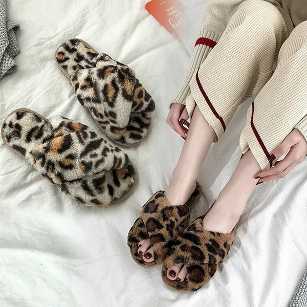 Sexy Flat Leopard Cross Strap Fluffy Soft Slippers Sandals Party Indoor Flip Flop Shoes