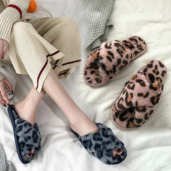 Sexy Flat Leopard Cross Strap Fluffy Soft Slippers Sandals Party Indoor Flip Flop Shoes