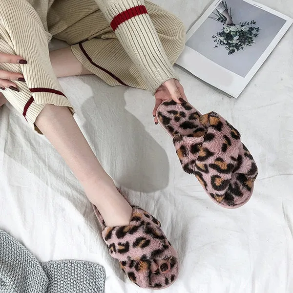 Sexy Flat Leopard Cross Strap Fluffy Soft Slippers Sandals Party Indoor Flip Flop Shoes