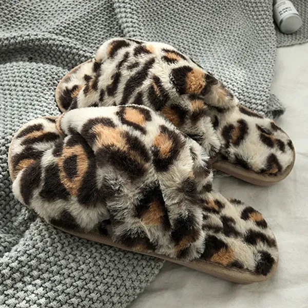Sexy Flat Leopard Cross Strap Fluffy Soft Slippers Sandals Party Indoor Flip Flop Shoes