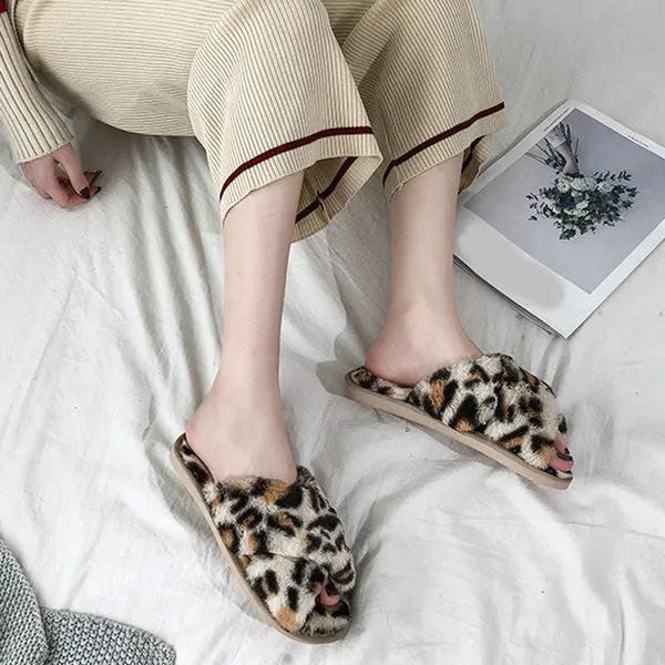 Sexy Flat Leopard Cross Strap Fluffy Soft Slippers Sandals Party Indoor Flip Flop Shoes