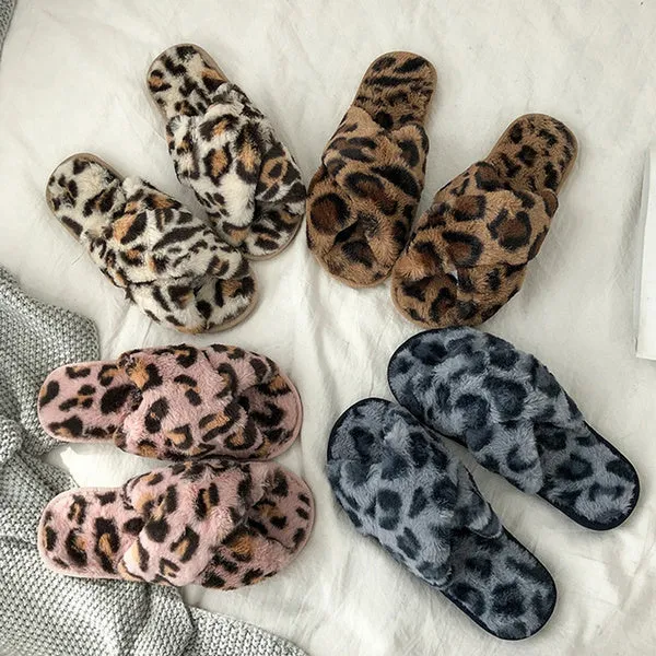 Sexy Flat Leopard Cross Strap Fluffy Soft Slippers Sandals Party Indoor Flip Flop Shoes