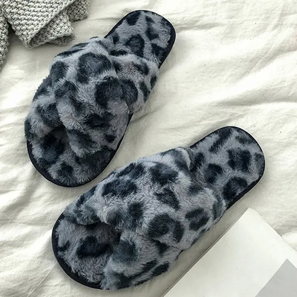 Sexy Flat Leopard Cross Strap Fluffy Soft Slippers Sandals Party Indoor Flip Flop Shoes