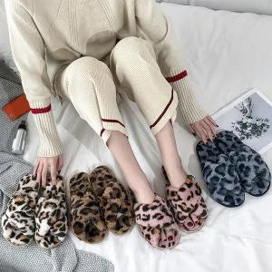 Sexy Flat Leopard Cross Strap Fluffy Soft Slippers Sandals Party Indoor Flip Flop Shoes