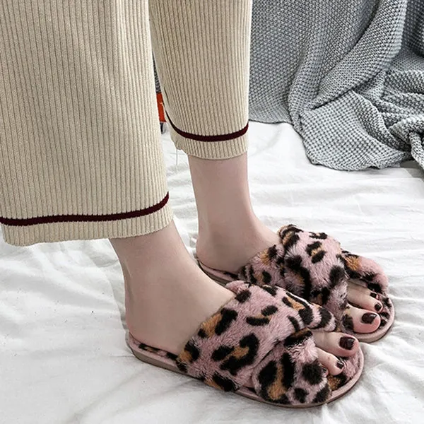 Sexy Flat Leopard Cross Strap Fluffy Soft Slippers Sandals Party Indoor Flip Flop Shoes
