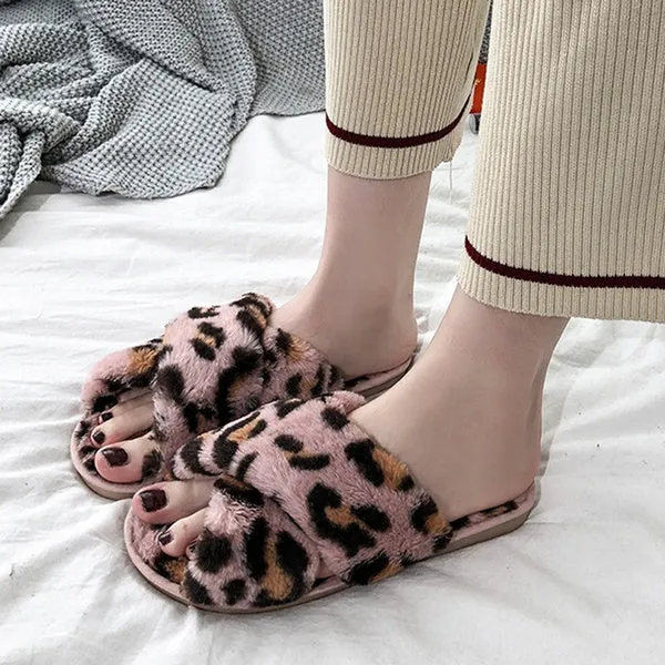 Sexy Flat Leopard Cross Strap Fluffy Soft Slippers Sandals Party Indoor Flip Flop Shoes