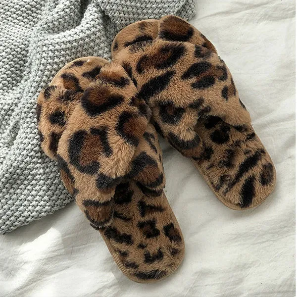 Sexy Flat Leopard Cross Strap Fluffy Soft Slippers Sandals Party Indoor Flip Flop Shoes