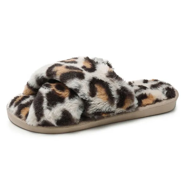 Sexy Flat Leopard Cross Strap Fluffy Soft Slippers Sandals Party Indoor Flip Flop Shoes