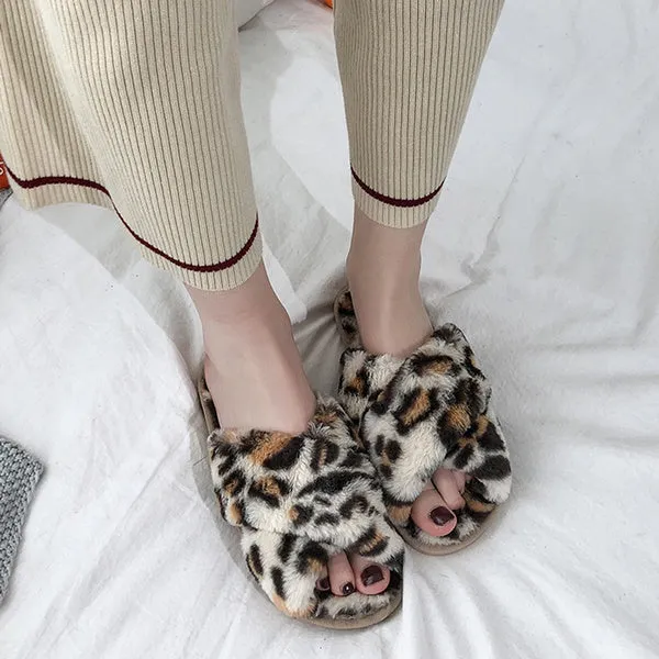 Sexy Flat Leopard Cross Strap Fluffy Soft Slippers Sandals Party Indoor Flip Flop Shoes