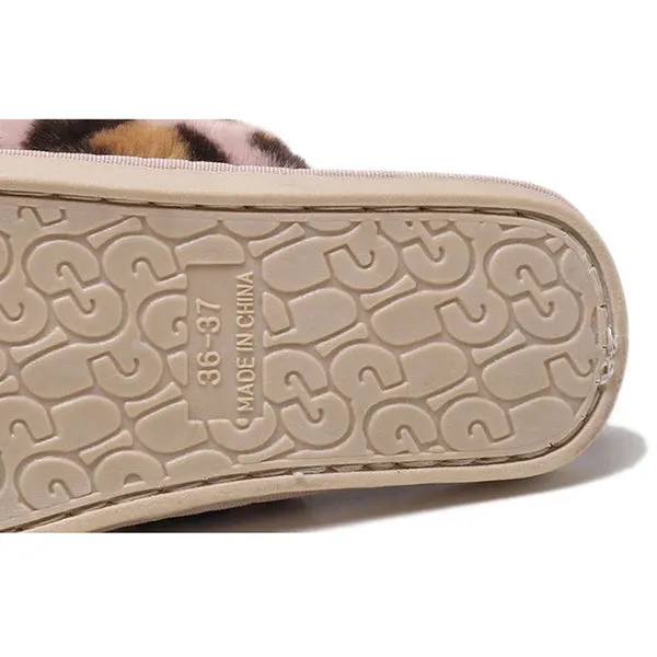 Sexy Flat Leopard Cross Strap Fluffy Soft Slippers Sandals Party Indoor Flip Flop Shoes
