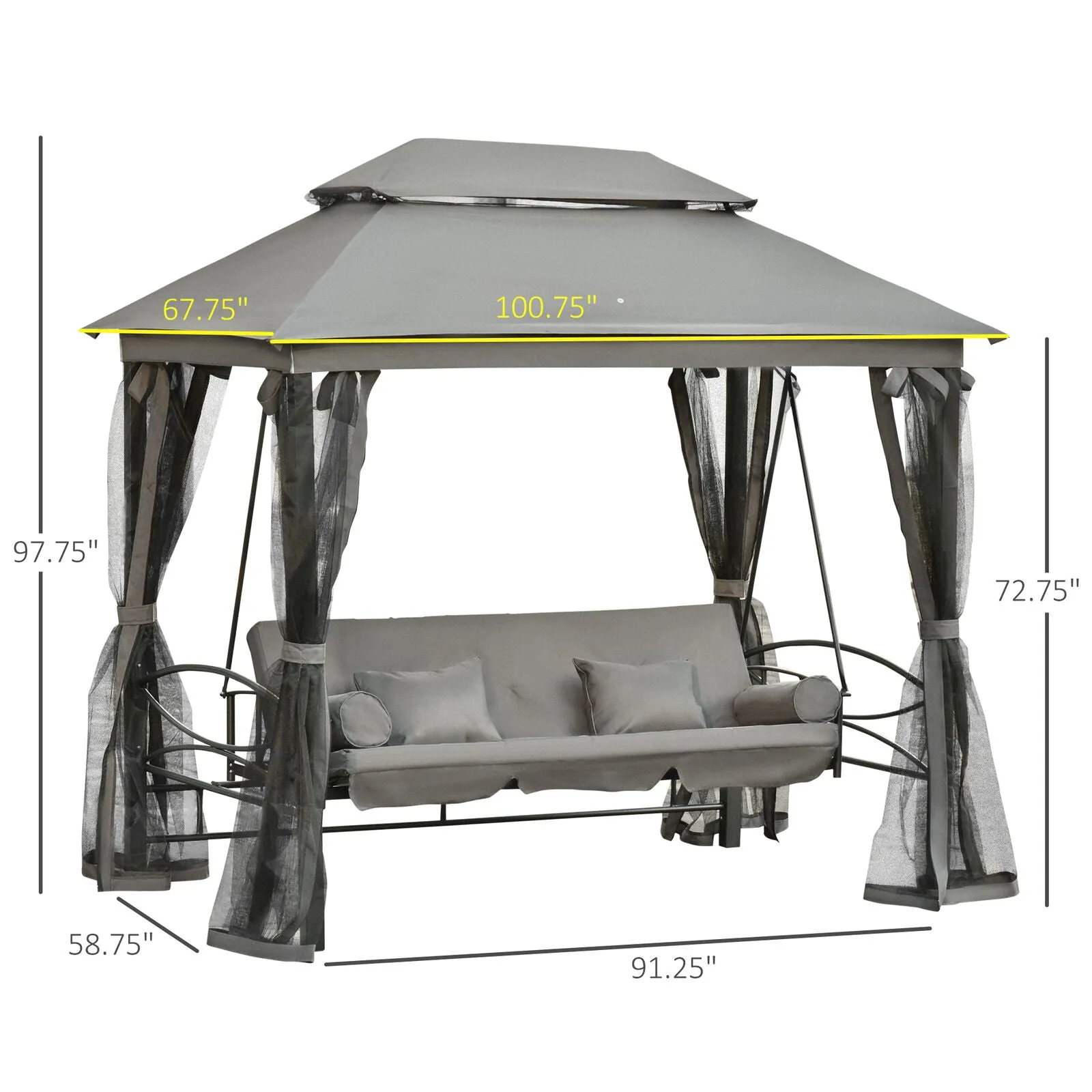 SilverCrate ™ 3-in-1 Folding Patio Swing Gazebo w/ Vented Top, Pillows & Anti-mosquito Mesh