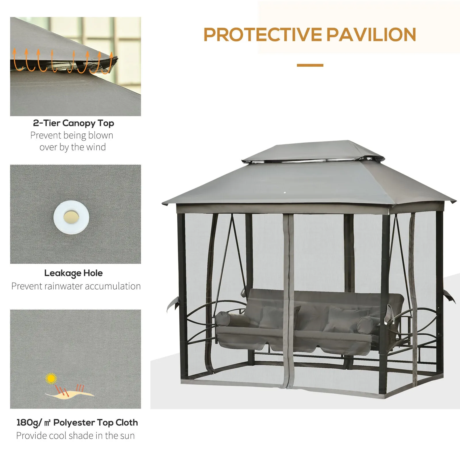SilverCrate ™ 3-in-1 Folding Patio Swing Gazebo w/ Vented Top, Pillows & Anti-mosquito Mesh