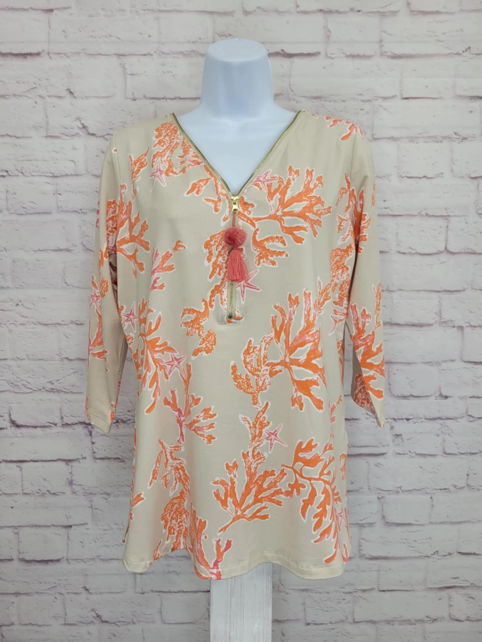 SMALL AMALFI CORAL A640322 Belle by Kim Gravel Primabelle Knit Ciao Bella! Tassel Zip Top