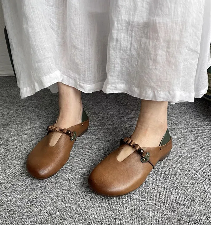 Spring and Summer Leather Shallow Mouth Single Shoes Women's Retro Handmade Soft Sole Comfortable Shoes