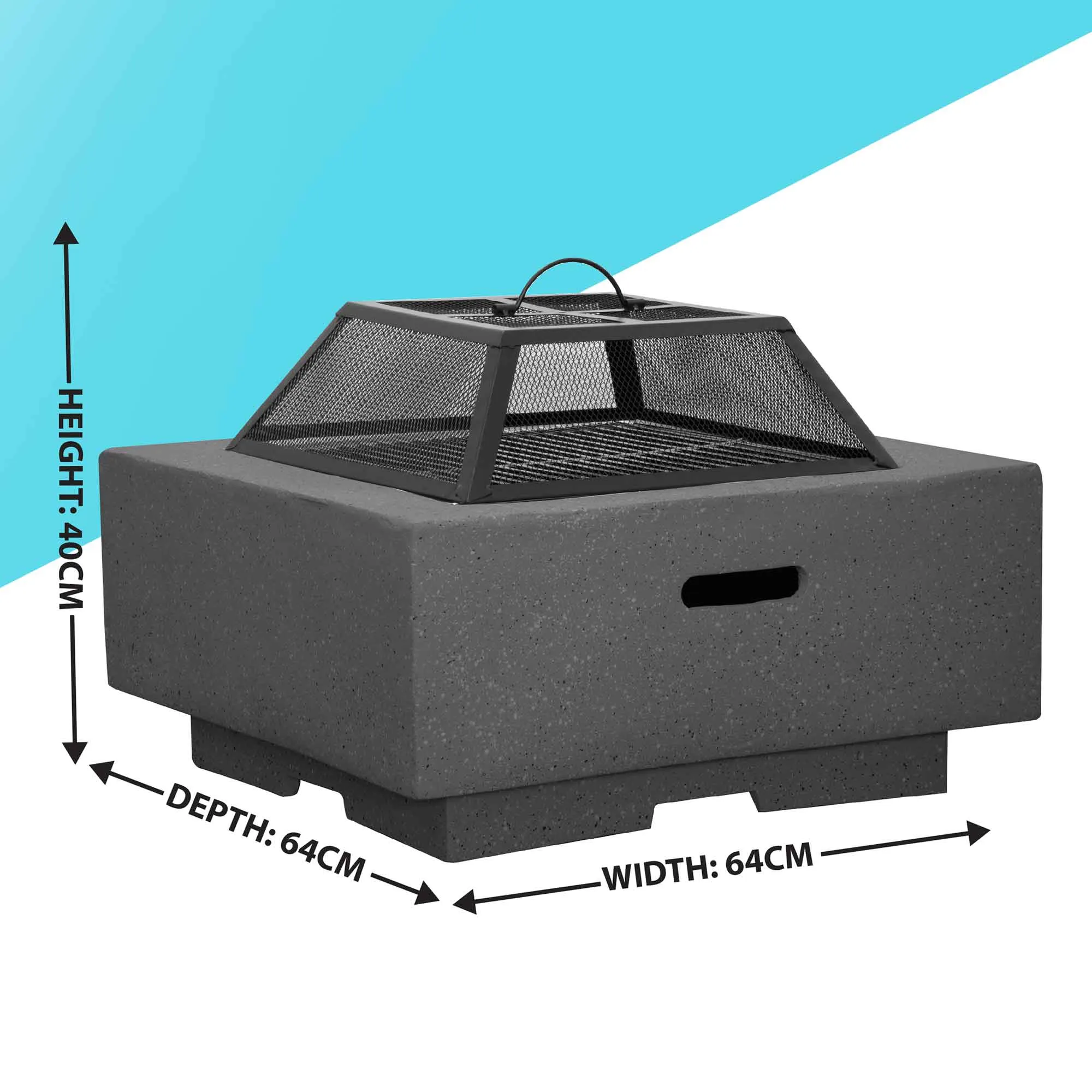 Square MgO Fire Pit with BBQ Grill, Safety Mesh Screen and Fire Poker, Dark Grey - DG193