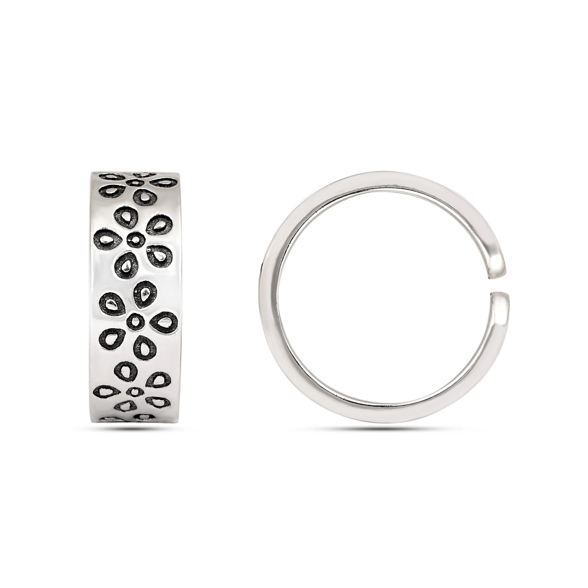 Sterling Silver Adjustable Flowers Engraved Oxidized Toe Ring