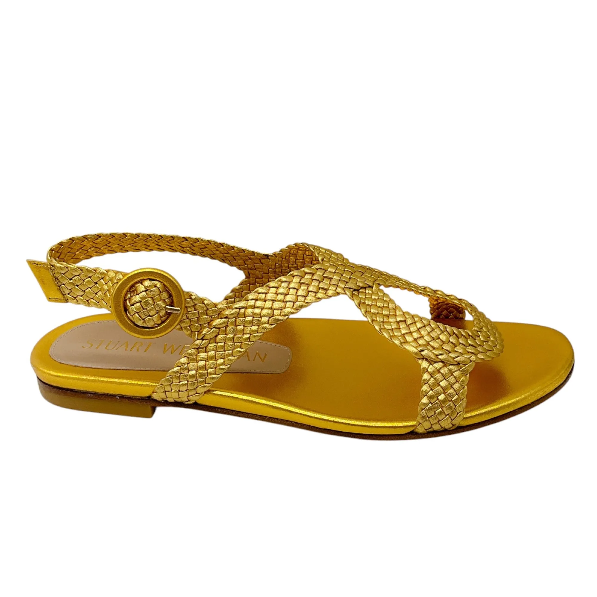 Stuart Weitzman Gold Metallic Teodora Woven Leather Flat Sandals