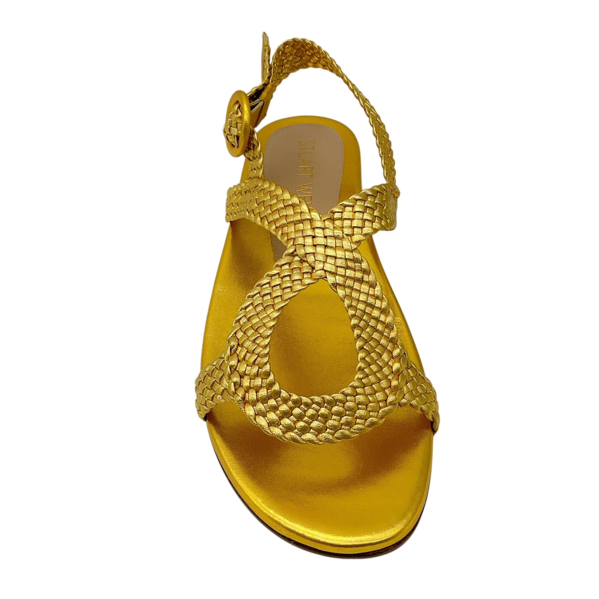Stuart Weitzman Gold Metallic Teodora Woven Leather Flat Sandals