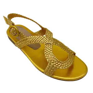 Stuart Weitzman Gold Metallic Teodora Woven Leather Flat Sandals